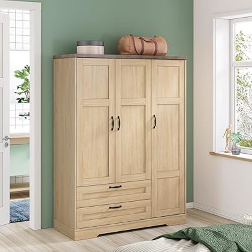 Yechen 3-Door Wooden Armoire Wardrobe Closet with Drawers and Shelves, Bedroom Armoires Closet with Mirror for Hanging Clothes, Coat, Farmhouse Wardrobe Cabinet for Large Storage Needed