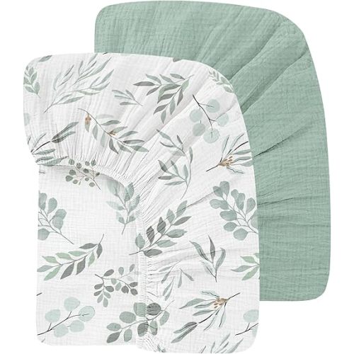 100% Organic Cotton 2 Pack 52x28 Inches Muslin Crib Sheets Fitted Crib Mattress Sheet for Baby Girls & Boys, Soft Boho Neutral Toddler Bed Sheets Fits Well Standard Size Crib Mattress 28x52 Inches
