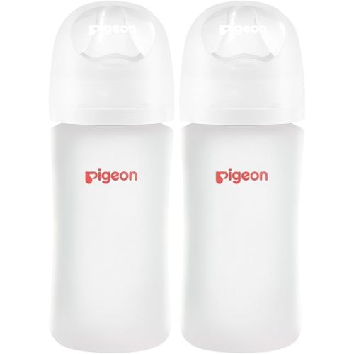 Pigeon Silicone Coating (Glass Inside/Silicone Outside) Baby Bottle, Wide Neck, Streamlined Body, Natural Feel, Easy to Clean, Heat-Resistant, 8 Oz (Pack of 2), Includes 2 pcs M Nipples (3m+)