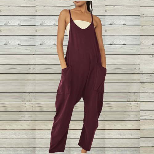 Women's Loose V Neck Jumpsuits Basic Spring Solid Color Sleeveless Spaghetti Strap Long Pants Harem Overalls with Pockets 2024 Clearance Sale Plus Size