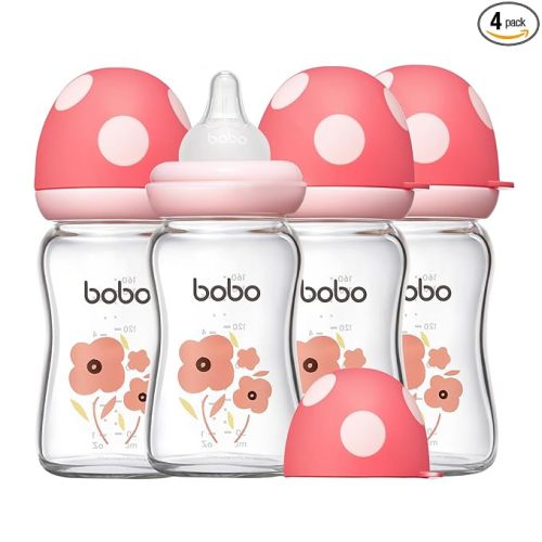 YOHKOH Natural Glass Baby Bottle with Level 1 Slow Flow Nipple, Newborn Anti-Colic Baby Bottles, Wide Neck Mushroom Baby Glass Bottle ((5.4oz (Pack of 4), Red-1)