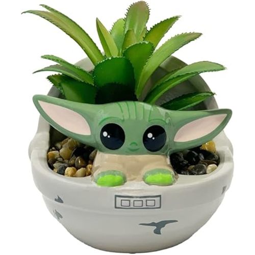 RALME Mandalorian Baby Yoda Faux Succulent in Ceramic Planter Pot, 4 Inches