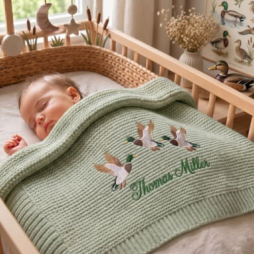 Personalized Mallard Duck Embroidered Baby Blanket, Animal Safari Baby Shower Announcement, Gift For Newborn, Nursery Keepsake, Newborn Gift