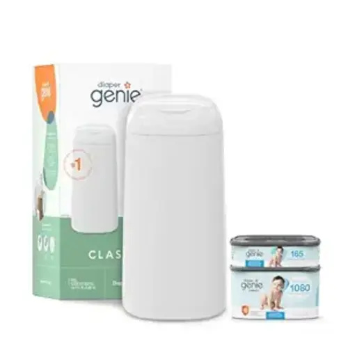 Diaper Genie Classic Diaper Pail Gift Set | Push-N-Lock Odor Control | Includes Starter Refill and Jumbo+ Refill | Holds up to 1,245 Newborn Diapers | Baby Registry Must-Have