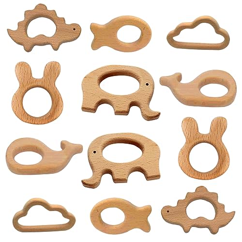 12-Pcs Baby Teether Toys,Wooden Teethers for Babies - Wooden Animal Toys, Teething Rings, Toddler Chew Toys，Baby Teething Rings and Wooden Teether Set-Suitable for Children Over 36 Months