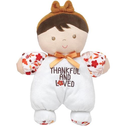 Plush Baby Doll with Rattle, Hannah with Thankful and Loved Embroidery (Ivory, 9 inch) Thanksgiving
