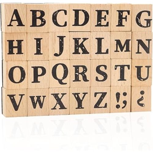 28-Piece Wooden Alphabet Stamps Set, 1 Inch Rubber Stamps, Retro Capital Letter Stamps Seal Series for Crafting, DIY Projects, Card Making, Scrapbook (Letter Stamps)