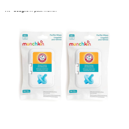 Munchkin Arm & Hammer Pacifier Wipes - Safely Cleans Breast Pump Parts and Feeding Essentials for Baby and Toddler, 2 Pack, 72 Wipes