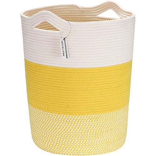 Sea Team Large Size Cotton Rope Woven Storage Basket with Handles, Laundry Hamper, Fabric Bucket, Drum, Clothes Toys Organizer for Kid's Room, 20 x 14 inches, Round Open Design, White & Mottled Yellow