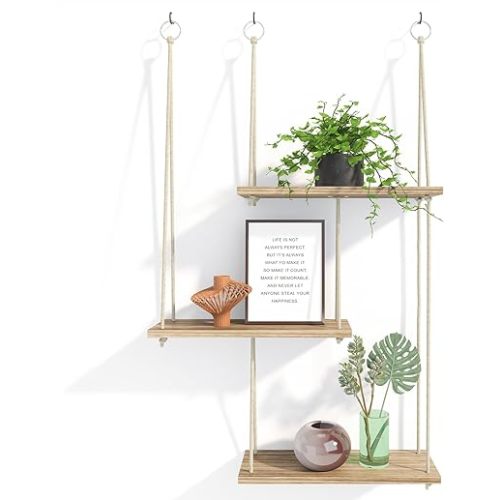 Fixwal Hanging Plant Shelves for Wall, 3 Tier Boho Wall Decor Plant Rack Floating Shelves Rope Rustic Wood Organizer Storage Hanger for Aesthetic Home Bedroom Kitchen Bathroom- Rustic Brown
