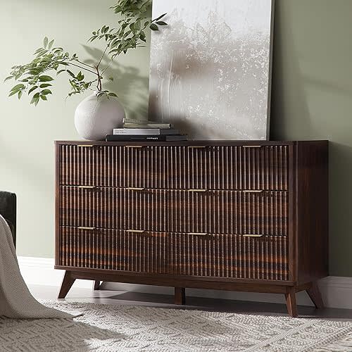 T4TREAM Fluted 6 Drawers Dresser, 54" Wide Modern Chest of Drawers, Curved Profile Design, Dresser TV Stand, Wood Drawer Organizer for Bedroom, Living Room, Hallway, Dark Walnut