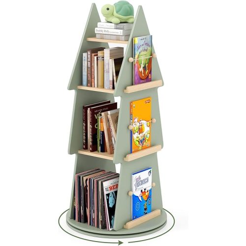 HONEY JOY Kids Rotating Bookshelf, Wooden Spinning Small Corner Organizer, 360°Display Standing Toddler Bookshelf Tower, Narrow Storage Rack, Montessori Book Shelf for Classroom, Playroom, Bedroom