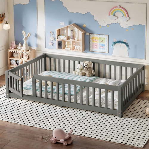 HICOMILA Full Size Floor Bed with Full Surround Safety Guardrails & Removable Door, Low-to-Ground Gray Pine Wood Transition Floor Bed