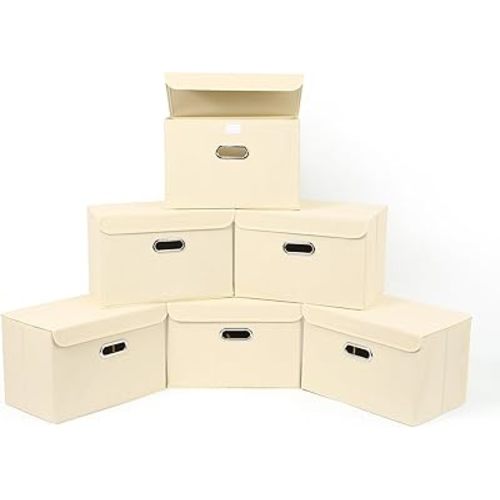 STOREONE Fabric Storage Cube Bins Foldable Organizer Container Collapsible Basket with Lids and Metal Handles, for Home, Bedroom, Closet 6 Pcs (Creamy-White)