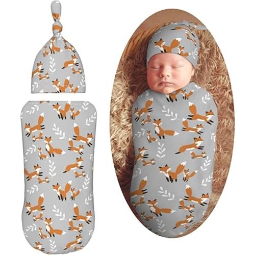 Cute Foxes Leaves Gray Newborn Swaddle Blankets Hat Sets Soft Baby Receiving Blanket Swaddle Sack for Baby Shower Infant Boy Girl Gift