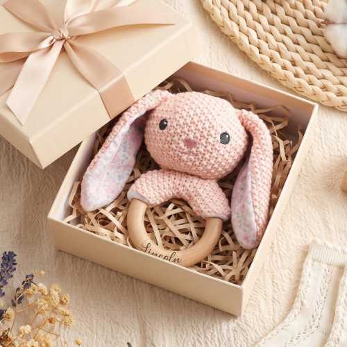 Personalized Baby Rattle with Name, Custom Newborn Gift, Baby's First Christmas, Montessori Wood Toy, Engraved Animal, Baby Shower Gift
