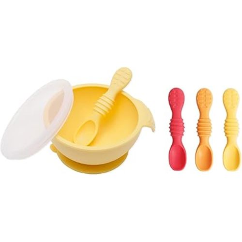 Bumkins Baby Bowl, Silicone Feeding Set with Suction for Baby and Toddler, Includes 4 Spoons and Lid, First Feeding Set, Training Essentials for Baby Led Weaning for Babies 4 Months Up, Pineapple