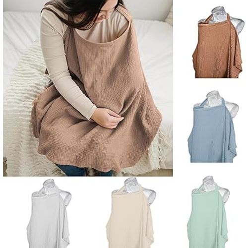 Nursing Cover for Baby Breastfeeding, Muslin Breathable Breastfeeding Cover with Hoop,Multi-use Carseat Canopy,Adjustable Mother Nursing Apron (Khaki)