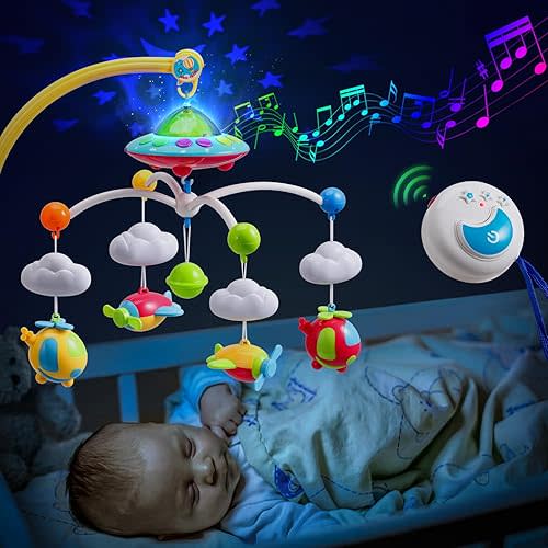 Baby Musical Crib Mobile with Hanging Rotating Toys, Remote Control, Lights Projector Function Music Box, Cartoon Rattles for Babies Boy Girl 0-24 Months, Newborn Sleep with 108 Melodies (Plane)