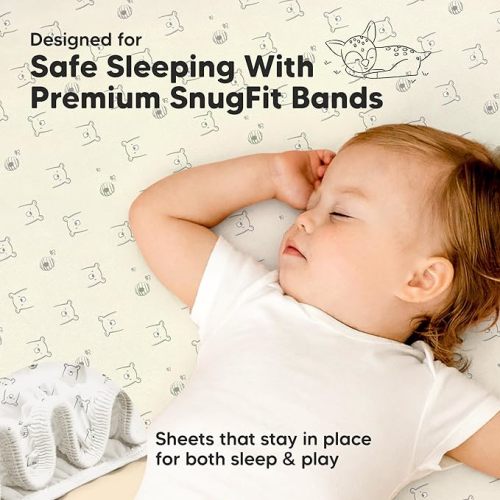 Pack and Play Sheets Fitted - 2-Pack Mini Crib Sheets for Pack N Play Mattress 38x26, Soft & Cozy, Neutral Toddler Playard Bedding, Snug Fitted Mini Baby Crib Mattress Cover Boy, Girl (Bumble Bear)
