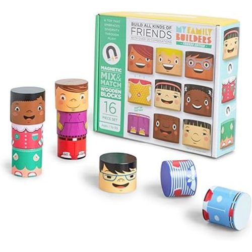 16-Piece Multiracial Magnetic Friends Play Set – Wooden Diversity Building Blocks for Kids – Multi Cultural Dolls for Creative Play & SEL Development – Ages 1+