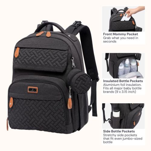 BabbleRoo Diaper Bag Backpack - Multifunctional Travel Diaper Bag with Changing Pad, Black, 1 pk