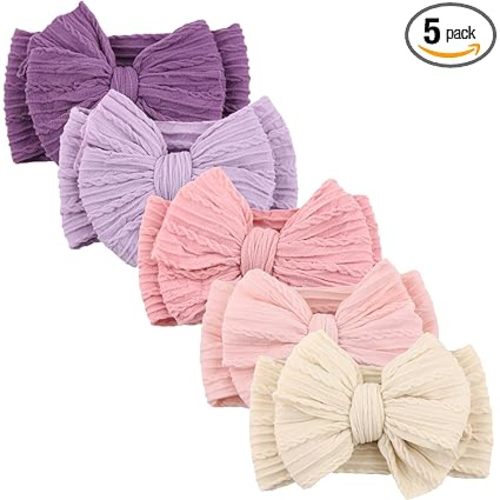 DRESHOW BQUBO Handmade Baby Headbands Soft & Stretchy Hair Bands with Bows Nylon Bows Hairbands for Girls Newborn Infant Toddlers Hair Accessories 5 Pack