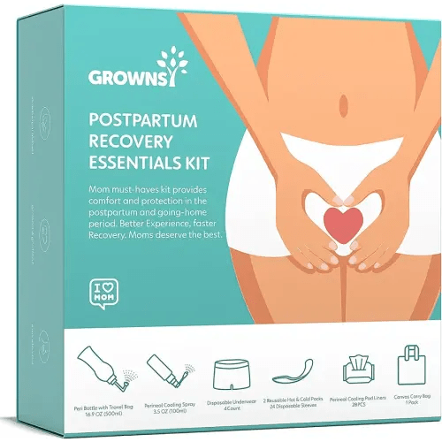 Grownsy Postpartum Essentials Recovery Kit for Labor & Delivery | Postpartum Kit for Women | Includes Upside Down Peri Bottle, Perineal Spray, Cooling Pad Liners, Ice Packs & Disposable Underwear