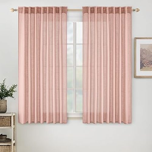 MIULEE Blush Pink Linen Curtains 63 Inch Length 2 Panels for Girls Bedroom Nursery, Soft Thick Linen Textured Kitchen Window Drapes Semi Sheer Light Filtering Back Tab for Kids Living Room Light Pink