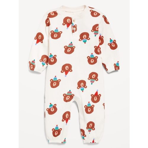 Printed Long-Sleeve Henley Waffle-Knit One-Piece for Baby