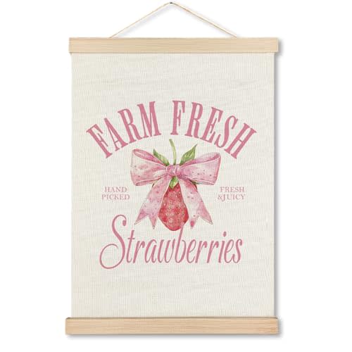 MHJFERGV Coquette Pink Bow Strawberry Wall Art Poster, Strawberry Room Home Decor, Preppy Girly Fruit Farmhouse Summer Canvas Wall Decor for Girls Room Bedroom Dorm, 12x16 Inches