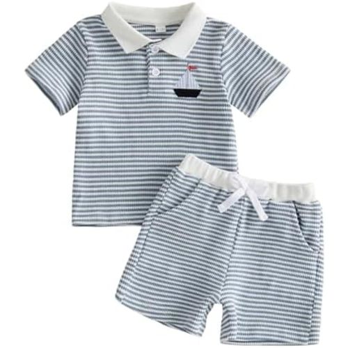 Toddler Baby Boy Golf Outfit​ Short Sleeve Lapel Collar Golf Embroidered Shirt Tops Shorts Set Striped Summer Clothes