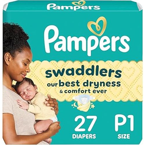 Pampers Swaddlers Diapers, Size P1 (<6 Ibs), 27 Count, Hypoallergenic, Absorbent, Keeps Baby Dry and Comfortable, Skin Safe Disposable Preemie Diaper