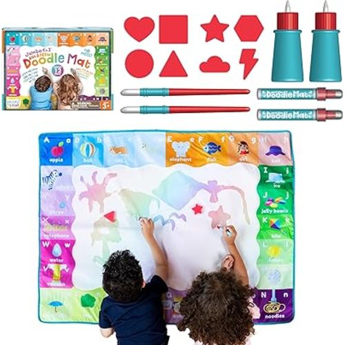 Chuckle & Roar Water Doodle Mat Set, Ages 4+, Mess Free Coloring, 48" x 36"
Mess-Free Water Mat, Jumbo 4' x 3' Drawing Space, Alphabet Border, 2 Brush Pens, 2 Markers & 8 Sponges, Dries for Repeat Play