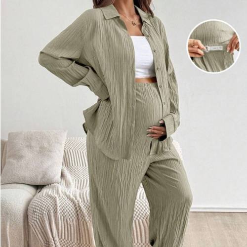 SHEIN 2pcs Maternity Casual Set:Sage Green Summer Solid Color Long Sleeve Button-Up Shirt And Adjustable Waist Pants,Linen Women Comfy Lounge Suits Fall