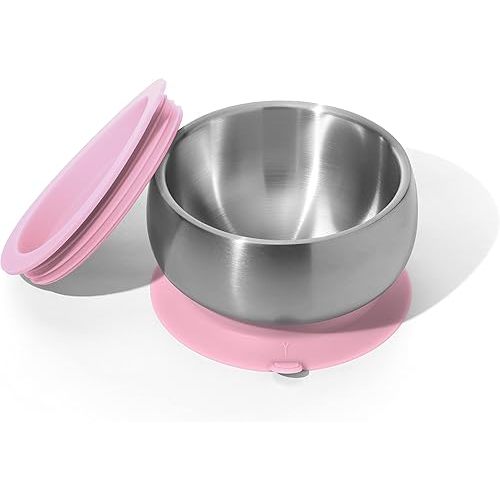 Avanchy Baby Bowls with Suction and Storage Lids Set. Babies Kids Toddler Boys Girl First Food Feeding. Fits Feeding High Chair Table. Stainless Steel, Pink