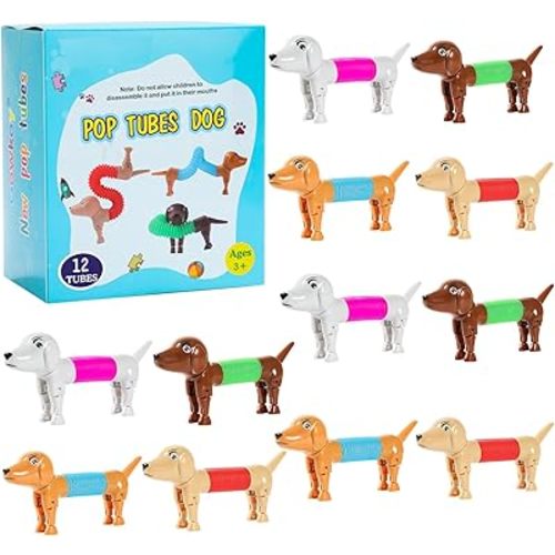 Limpskys Dog pop Tubes fidgets, Travel Toys for Toddlers 3-5, Sensory Toys for Kids 5-7, fidgets for Kids, Animal pop Tubes, Easter Egg fillers,Easter Basket Stuffers（12 Pcs Dog）