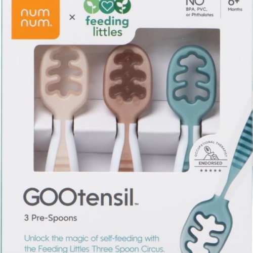 NumNum Baby Spoons Set, Feeding Littles x Silicone Pre-Spoon GOOtensils for Baby Led Weaning, Self-Feeding & Teething, First Stage Toddler Utensils for Ages 6+ Months, 3-Pack, BPA-Free (Neutrals)
