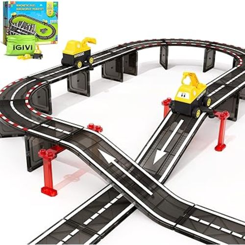Magnetic Tiles Road Race Track with Engineering Car, Magnetic Building Blocks for Toddler Kids Toys, Educational Construction Toys Gift for 3+ Year Old Boys and Girls