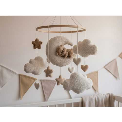 Bouclé Nursery Night Light Set: Teddy Bear, Moon, Stars - Handmade Kids Room Decor, Stars baby crib mobile, Clouds mobile, Nursery Mobile