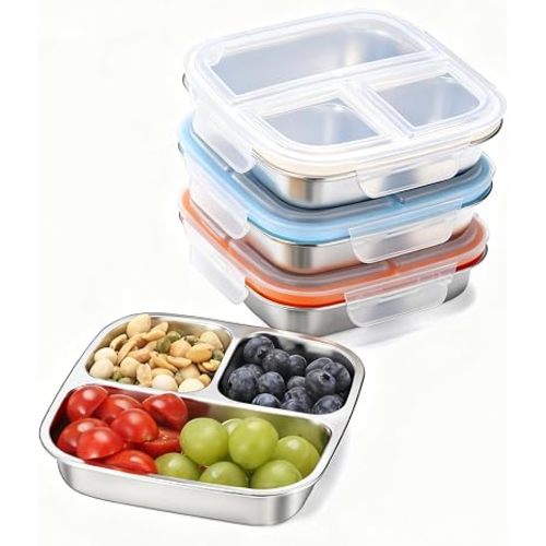 3 Pack Stainless Steel Snack Containers for Kids, 3 Compartments on the go Bento Box with Lids, Toddler Lunch Box Containers Meal Prep Containers for Daycare School Outdoor -Blue White Orange