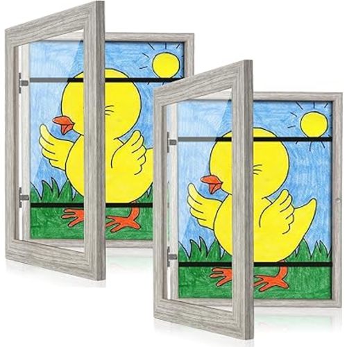 [2-Pack] Kids Art Frames, 8.5x11 Front Opening Kids Artwork Frames Changeable, Grey Wood Grain Artwork Display Storage Frame for Wall, Holds 50 Pcs, for 3D Picture, Crafts, Children Drawing, Hanging