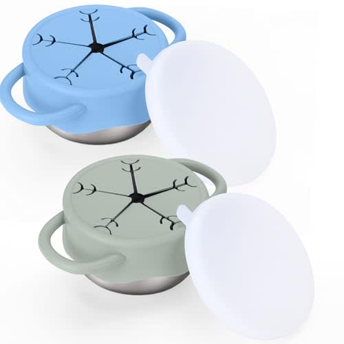 BUSOHA 2 Pack Stainless Steel Toddler Snack Cups - 12 OZ Spill-Proof Baby Snack Containers with Silicone Catcher and Lid Travel Snack Containers for Kids Food Grade Silicone Dishwasher Safe