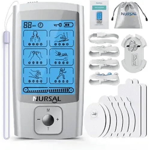 NURSAL 24 Modes TENS Unit Muscle Stimulator with Continuous Stimulation, Rechargeable Electronic Pulse Massager with 8 Pads for Back and Shoulder Pain Relief and Muscle Strength (Silver)