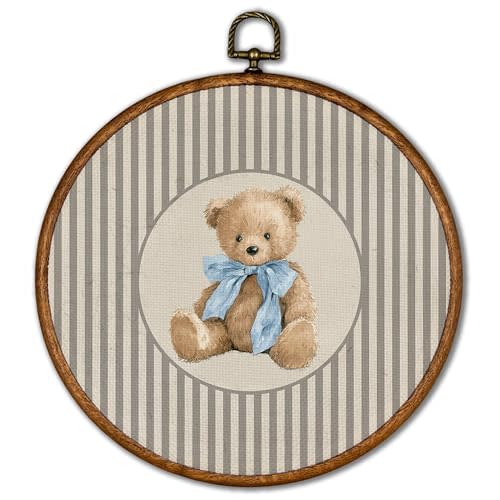KSDUT Vintage Bear Neutral Baby Round Wall Art Decor 10"x10" | Retro Bear Beige Stripes Wall Art Canvas Frame Hanging Prints, Bohemian Nursery Round Artwork Decor for Kids Room Decorations