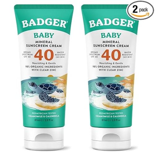 Badger Mineral Baby Sunscreen Cream SPF 40, 98% Organic Toddler Sunblock with Zinc Oxide, Reef Safe, Water Resistant, Hypoallergenic, Pediatrician Tested for Sensitive Skin, 2.9 fl oz, 2-Pack