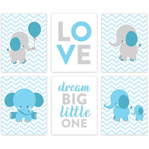 Koyal Wholesale Elephant Theme Boys Nursery Hanging Wall Art, Gray Baby Blue Elephant, Love, Dream Big Little One