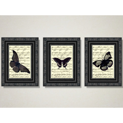 Black Butterfly Print Trio: Upcycled Antique Music Page Gothic Wall Art