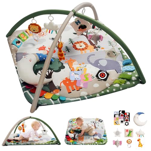 TINYHARBO Baby Play Gym with 4 Developmental Zones – Tummy Time Mat & Activity Mat with 6 Sensory Toys, Visual Cards & Pillow – Baby Essentials & Ideal Gift for Newborns