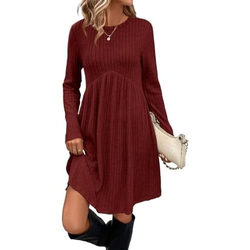 OFEEFAN Long Sleeve Dress for Women Crew Neck Empire Waist Tunic Dress with Pockets